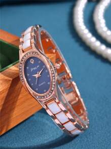 1 Peça Relógio de Quartzo Feminino Clássico Minimalista com Pulseira de Cerâmica Branca, Mostrador Oval Incrustado de Zircônia, Adequado para o Dia a Dia, Festas, Presentes de Aniversário