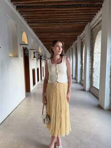 Women's Elegant High-Waisted Pleated Maxi Skirt, Solid Color, Suitable For Autumn Daily Wear And Back To School Season - Yellow - View 10