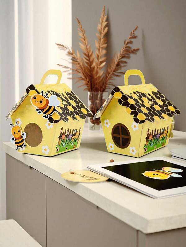 5pcs Creative Cartoon Bee Style Tote Box, Cartoon Bee Honeycomb Design, Party Packaging Box, Durable Storage Paper Box, Suitable For Graduation Season, Bee Party Decoration For Party Gifts, Birthdays, Weddings, Etc