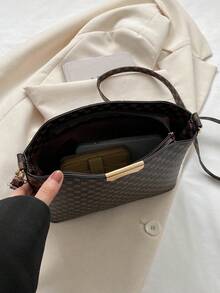 Vintage Contrast Color Stitching Decor Oblique Crossbody Bucket Handbag - Coffee - View 3