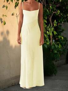 Women Long Dress Lace Patchwork Sleeveless Cami Dress Summer Tie-Up Backless Spaghetti Strap Dress - Màu vàng - Xem 1