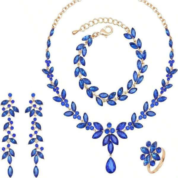 CSY 4 Pcs Elegant Bridal Jewelry Sets Austrian Marquise Crystal Wedding Necklace Dangle Earrings Tennis Bracelet Ring Set For Bride Women Costume Accessories