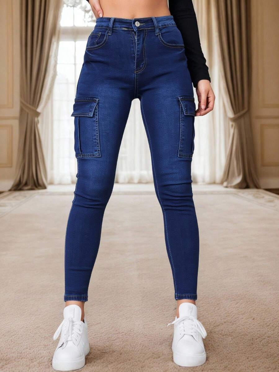 Pantalones vaqueros skinny para mujeres en denim azul con bolsillos múltiples, tela suave y elástica, ideales para estilos casuales y modernos - Azul lavado oscuro - Ver 1
