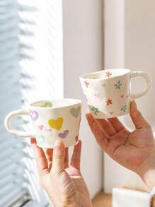 1 Set mehrfarbige, handbemalte Herz-Design Keramiktasse & Untertasse, bunte Muster mit "Liebe" Element - ideal für romantisches Frühstück oder gemütlichen Nachmittagstee, perfektes Geschenk für den Partner, Valentinstag, Jahrestag und andere süße Anlässe