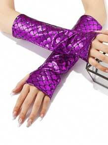 D EXCEED 1 Paar glänzende Meerjungfrau Schuppen Handschuhe Fischschuppen Armstulpen Rave Party Handschuhe Hologramm fingerlose Handschuhe Halloween Cosplay Kostüm Accessoires Irisierend