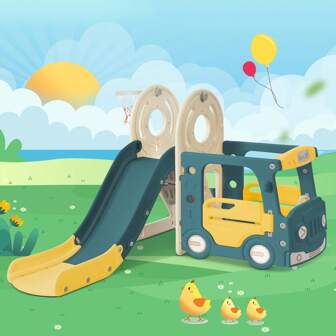Slide. 4-In-1 Slide Set Including Bus, Slide, Activity Ladder, Basketball Hoop And Matching Basketball. Made Of High Density Polyethylene