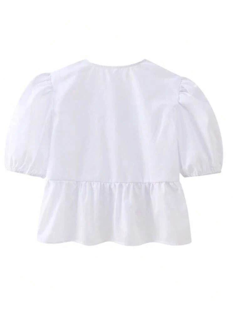 Liso, informal, lindo, con volante en el bajo, nudo, lazo - Blanco - Añade 2