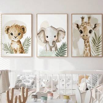 3 st/set moderna tecknade djurkonstposters, leopard, elefant, giraff, växtkonst på kanva, vattentät kanvasväggkonst, konstverk väggmålning som present, prydnad för vardagsrum, sovrum, badrum, kontor, hall, köksinredning, rumsinredning, heminredning valfri ram