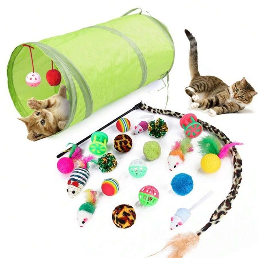 Belifou Kit Túnel Engraçado com 21 Peças para gato / Vara de Pelúcia/ Rato/ Várias Combinação de Brinquedos - Multicolorido - Visão 1