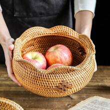 1pc Rattan Wave Rim Round Tray, Fruit Plate, Kitchen Storage Basket, Vegetable Basket, Handwoven Rattan Storage Bin - Brown - View 4