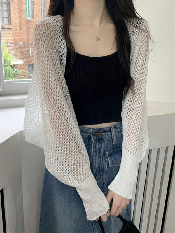 1pc Women High Quality Long Sleeve Thin Knit Shawl Cover Up, Hollow Out Design, Summer Lightweight Outwear