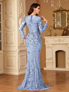 hezixi Stretchy Sequin Dress, Extremely Comfortable, Suitable For Different Figures, Sheer Round Neck Long Sleeve Fitted Mermaid Hem Design, Solid Color Elegant Luxury Maxi Dress For Women, Enhances Youthful Charm, Suitable For Various Parties, Graduations, Weddings And Other Occasions. - Màu xanh lam - Xem 6