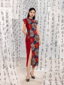 Faeriesty Women's Luxury New Chinese Style Cheongsam: Stand Collar | Sleeveless | High Slit - Formal Banquet, Wedding, Gala, Red Carpet, Business Events - Blue - View 6