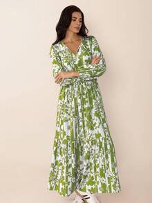 Rusttydustty 波西米亚风紫色碎花 V 领女士长裙简约优雅海滩度假音乐节 - 綠色 - 查看 6