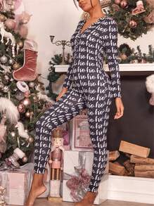 Women's Christmas Long Pajamas Romper Long Sleeve V Neck Button Up Pattern Print Jumpsuit Sleepwear