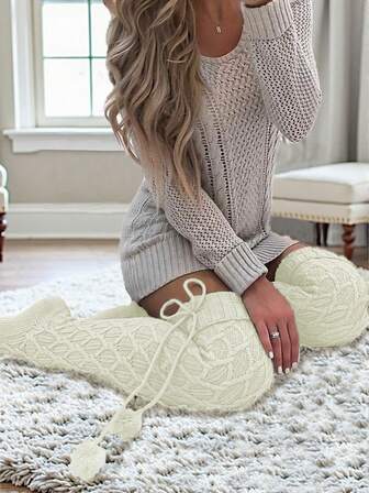 1 Pair Knitted Over-The-Knee Thigh High Warm Socks, Thick Socks With Pom-Poms, Autumn/Winter, Cozy