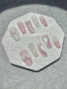 10pcs Coffin Shaped Nail Art Designs, Romantic Nail Art For Valentine's Day, Gentle & Sensual Fairy Nail Art Designs, Press-On Nails, DIY False Nails, French Manicure, Pink Nails, Pink Heart Beat Nail Art, White Wings & Heart Decor, Double Heart Border Tapestry Pattern Design, Decorated With Faux Pearls, Nail Art Supplies Handmade Press On Nails - Multicolor - View 5