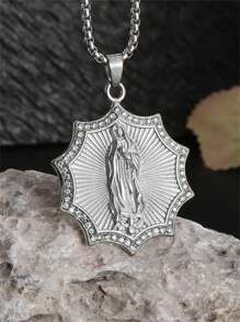 1 pièce Collier pendentif unisexe à la mode en zirconium artificiel chrétien en forme de tournesol de la Vierge Marie, protection du corps et bijou de prière, cadeau