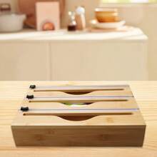 Bamboo Storage Box 2 In 1/3 In 1 Bamboo Storage Box, 1pc Storage Bag Organizer | Multipurpose Fresh-Keeping Bag Box With Cutter, For Fresh-Keeping Film, Aluminum Foil Film And Plastic Bag, Kitchen Organizers Kitchen Accessories 3 In1 Aluminum Foil Plastic Wrap Dispenser With Cutter And Label