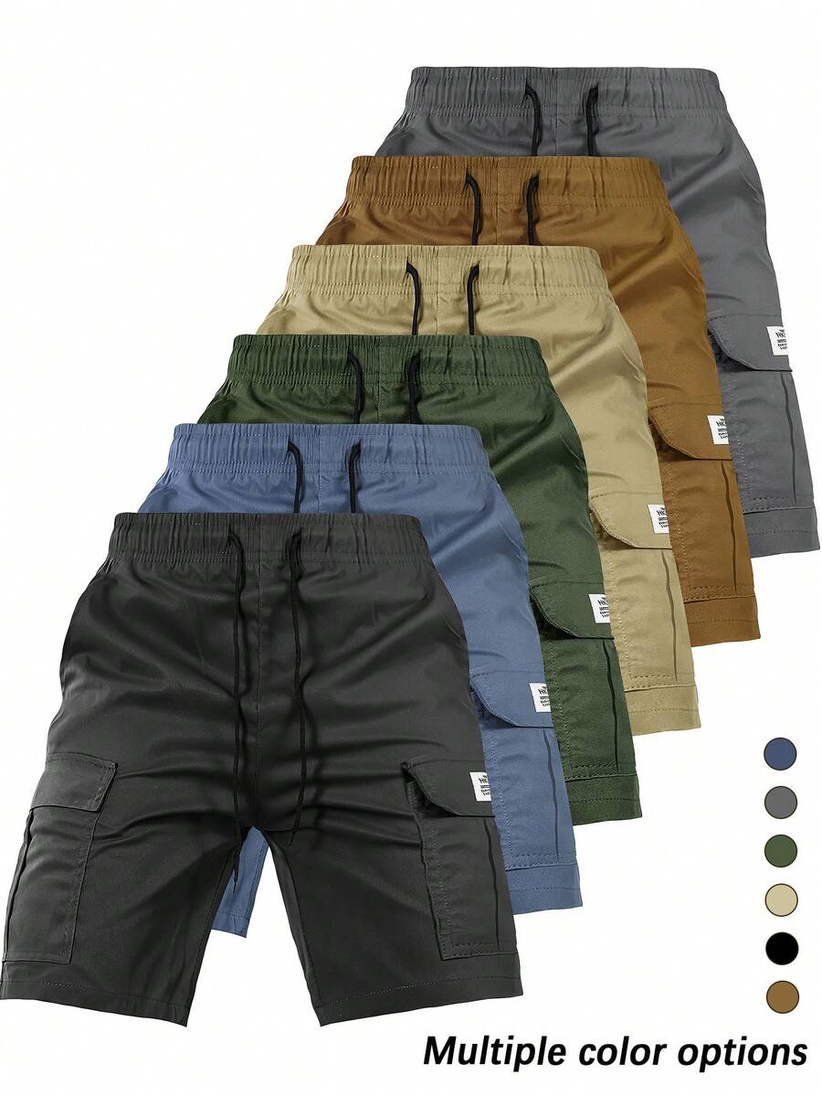 Quần short cargo cạp chun có dây rút và túi lớn, quần dài mùa hè casual ngoài trời dành cho cả nam và nữ, màu đen.