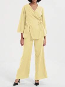 YROOE 女士复古宽松系带V领外套和休闲裤两件套 - 黃色 - 查看 7