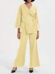 Se-Hore Fashion Trending Women's Retro Loose Tie V-Neck Jacket And Casual Pants 2 Pieces Set