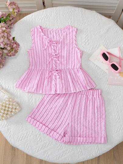 BASUSARRI 2 件女童条纹无袖开襟吊带背心和短裤套装，夏季舒适休闲时尚服装