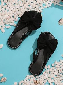 1 Pair Black Toddler/Girls' Flat Beach Sandals, Soft Fabric Butterfly Decor Slip-On Round Toe Design, Fashion & Cute Roman-Style Home Slippers Suitable For 3-15 Years Old Girls Daily, Beach, Vacation, Summer New