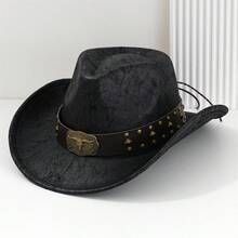 Women Men Cowgirl Hat, Vintage Bull Head Roll-Up Wide Brim Western Hat For Daily Party - 黑色 - 查看 1