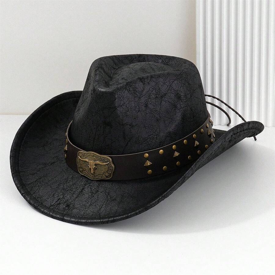 Women Men Cowgirl Hat, Vintage Bull Head Roll-Up Wide Brim Western Hat For Daily Party - 黑色 - 查看 1