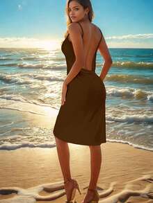 Women's Summer Beach Vacation Casual Wrap Sarong Cami Dress, Sexy New Style For Summer - Brown - View 3