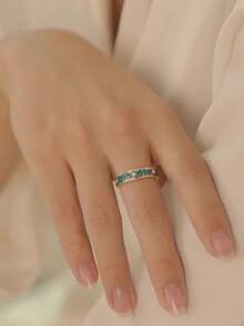 1 件独特花卉印花优雅设计精致薄荷绿珐琅可调节戒指 - 墨綠色 - 查看 3