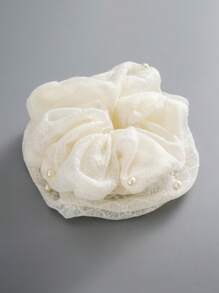 1pc French Faux Pearl Coil Hair Scrunchie, Solid Color High Elasticity Hair Ties, Ponytail Accessories, Lace Hair Bows, Hair Accessory ,Hair Accessories