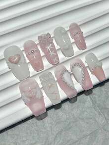 10pcs Coffin Shaped Nail Art Designs, Romantic Nail Art For Valentine's Day, Gentle & Sensual Fairy Nail Art Designs, Press-On Nails, DIY False Nails, French Manicure, Pink Nails, Pink Heart Beat Nail Art, White Wings & Heart Decor, Double Heart Border Tapestry Pattern Design, Decorated With Faux Pearls, Nail Art Supplies Handmade Press On Nails - Multicolor - View 4