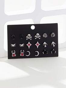 Set de 9 pares de aretes de estilo gótico con diseños de estrella, luna, araña y rosa, de alta gama, para uso casual y de viaje