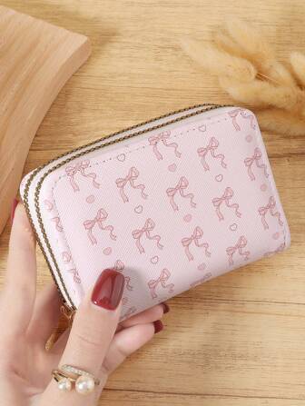 Pink Bow Love Pattern Versatile Coin Wallet,Double Zipper Card Holder Multi-Card Card Organizer For Storage Credit Cards,Lightweight Minimalist,Fashion,Modern,Business,For Anniversary,For Christmas,On Valentine Day,For Birthday Gift,For Gift,For Lover For Women,For Girls,For Lady,For Female,Bag School Supplies For School Dorm Room & Back To School