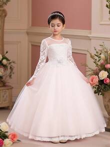 Tween Girl Long Solid Color Lace Tulle Satin Elegant Formal Dress, Suitable For Attending Balls And Galas, Excluding Headband - White - View 1