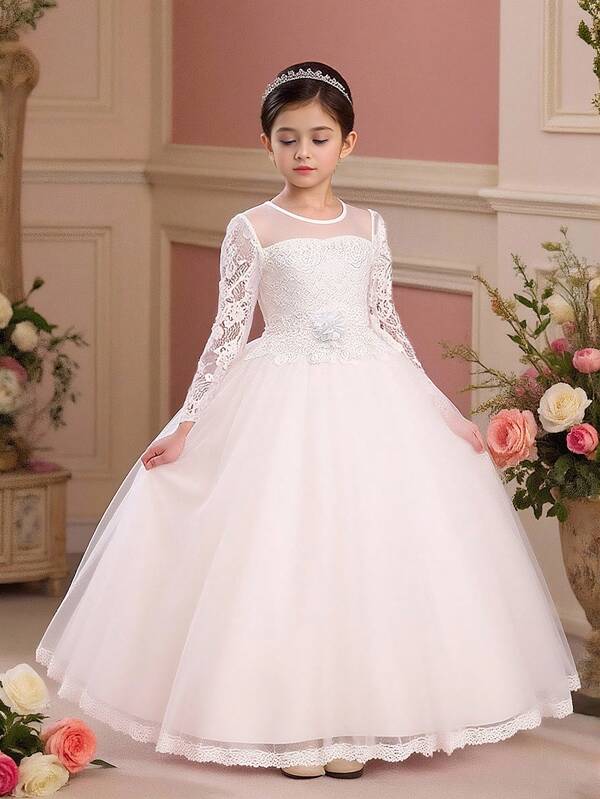 Vestido formal elegante de unicolor, largo, con encaje y satén, adecuado para fiesta de cóctel, banquete, sin accesorio para el cabello, para niñas preadolescentes