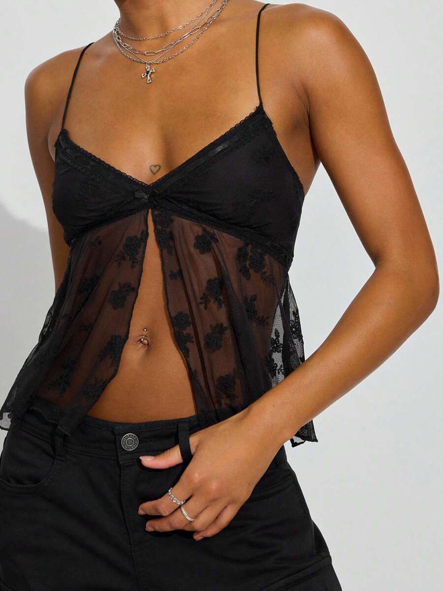 Women's Y2K Cami Tops Sleeveless Deep V Neck Floral Embroidery Mesh Camisole Spaghetti Strap Lace Trim Tank Tops Summer Casual Going Out Tops Streetwear - 黑色 - 查看 1