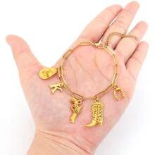 1 peça de pulseiras femininas com corrente de clipe de papel de aço inoxidável dourado com botas de cowboy ocidentais e ferraduras vintage
