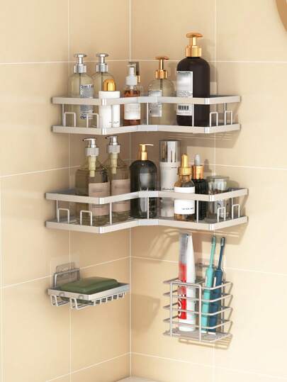 3pcs Stainless Steel Bathroom Shelves Set - Corner Shower Caddy, Wall Mounted Adhesive Storage Rack, Containers For Shampoo, Soap, And Body Wash Back To School