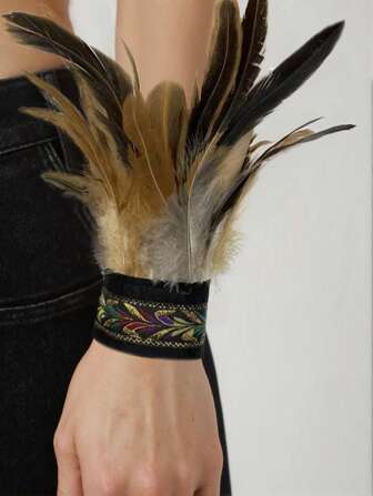 1 Pair Feather Trim Gothic Style Cuff Sleeve Band, Costume Accessory For Masquerade Party, Performance