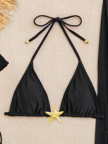 3 件套黑色吊带比基尼套装，带海星装饰，镂空高开叉网眼裙，适合海滩、拍照、度假、日光浴、泳池派对，性感 - 黑色 - 查看 3