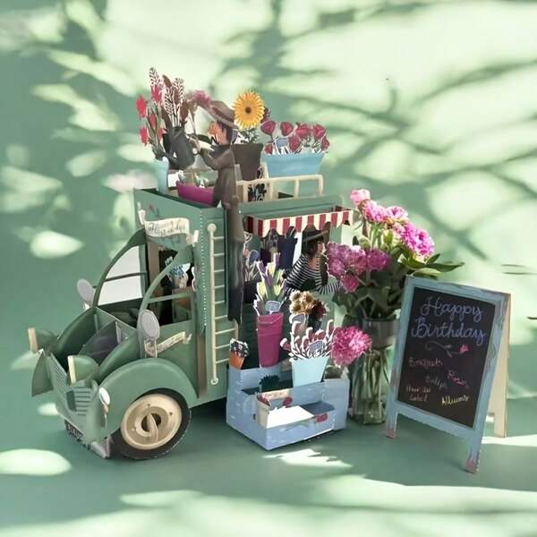 Biglietto di auguri per compleanno a 3D con auto verde retrò e fiori colorati - Biglietto di auguri per compleanni, anniversari, congratulazioni - Disegno di cartoni animati giocosi, idea regalo e decorazione per feste, biglietto regalo | Biglietto di auguri a fiori 3D | Illustrazione affascinante, decorazioni per compleanni, forniture scolastiche, back to school