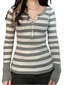 Women's Y2K Stripes Print Tops Long Sleeve V Neck Slim Fit Henley Shirts Fairy Grunge Blouses