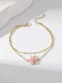 1 peça pingente minimalista brilhante de zircônia cúbica colorida com 6 pétalas de flor e pulseira de corrente multicamadas para mulheres e meninas