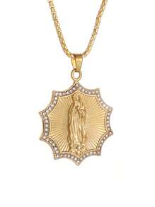 1 pièce Collier pendentif unisexe à la mode en zirconium artificiel chrétien en forme de tournesol de la Vierge Marie, protection du corps et bijou de prière, cadeau