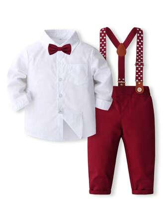 3pcs/Set Toddler Boys Formal Outfit, Includes White Long Sleeve Shirt, Red Bow Tie & Suspender Pants, Fashionable & Handsome, Suitable For Weddings, Festivals, Birthday Parties, Performance