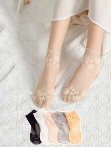 5 Pairs Ladies' Lace Socks,Summer Mesh Hollow Socks,Women's Sports Transparent Lace Socks Christmas Gift - Solid Color - View 2