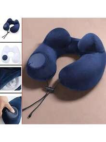 1 chiếc gối hỗ trợ cổ hình chữ U bơm hơi di động, gối du lịch polyester phong cách thường ngày, vỏ gối có thể tháo rời, có khóa kéo, dành cho người ngủ nghiêng, lý tưởng cho máy bay, ô tô, ngủ trưa, gối bơm hơi thích hợp cho du lịch và văn phòng Phụ kiện du lịch - Màu xanh hải quân - Xem 8